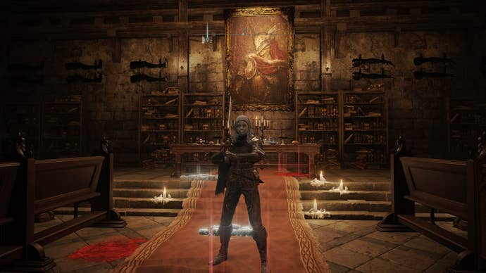 The player stands in Elemer of the Briar’s boss room in The Shaded Castle, while also holding the Marais Executioner’s Sword in Elden Ring
