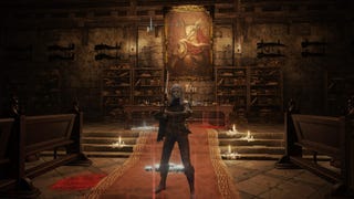 The player stands in Elemer of the Briar's boss room in The Shaded Castle, while also holding the Marais Executioner's Sword in Elden Ring