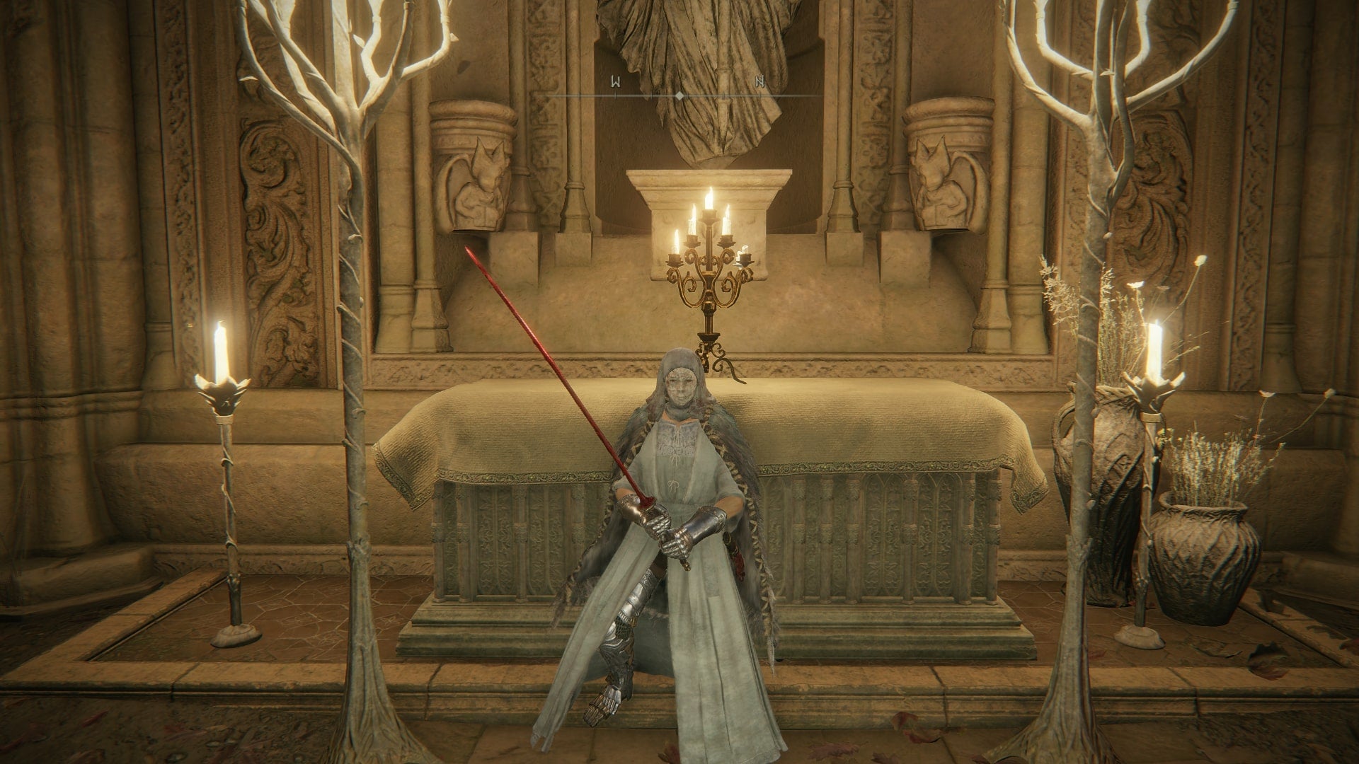 The player stands in front of the altar in the Prayer Room of Miquella&rsquo;s Haligtree in Elden Ring