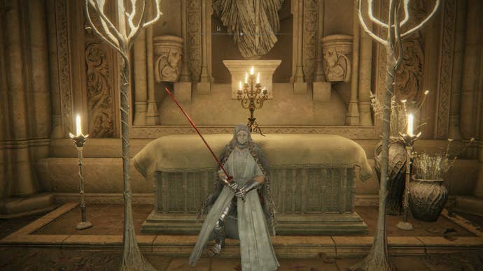 The player stands in front of the altar in the Prayer Room of Miquella’s Haligtree in Elden Ring