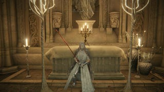 The player stands in front of the altar in the Prayer Room of Miquella's Haligtree in Elden Ring