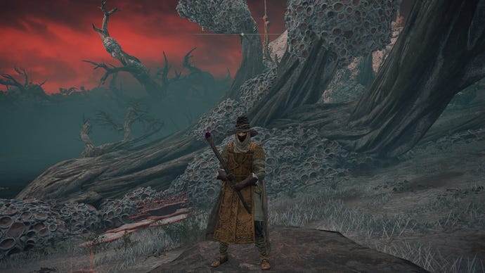 The player stands in Caelid wearing the Perfumer's Set and wielding the Meteorite Staff in Elden Ring