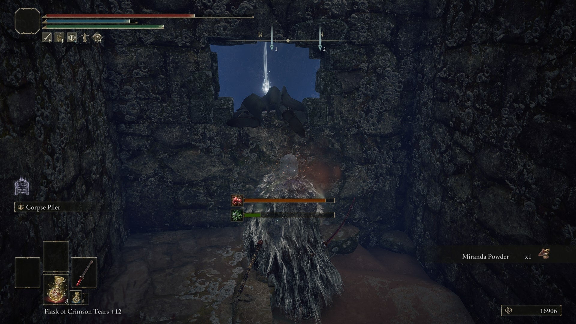 The player faces a small window in Street of Sages Ruins, where the Meteorite Staff is located in Elden Ring - 4