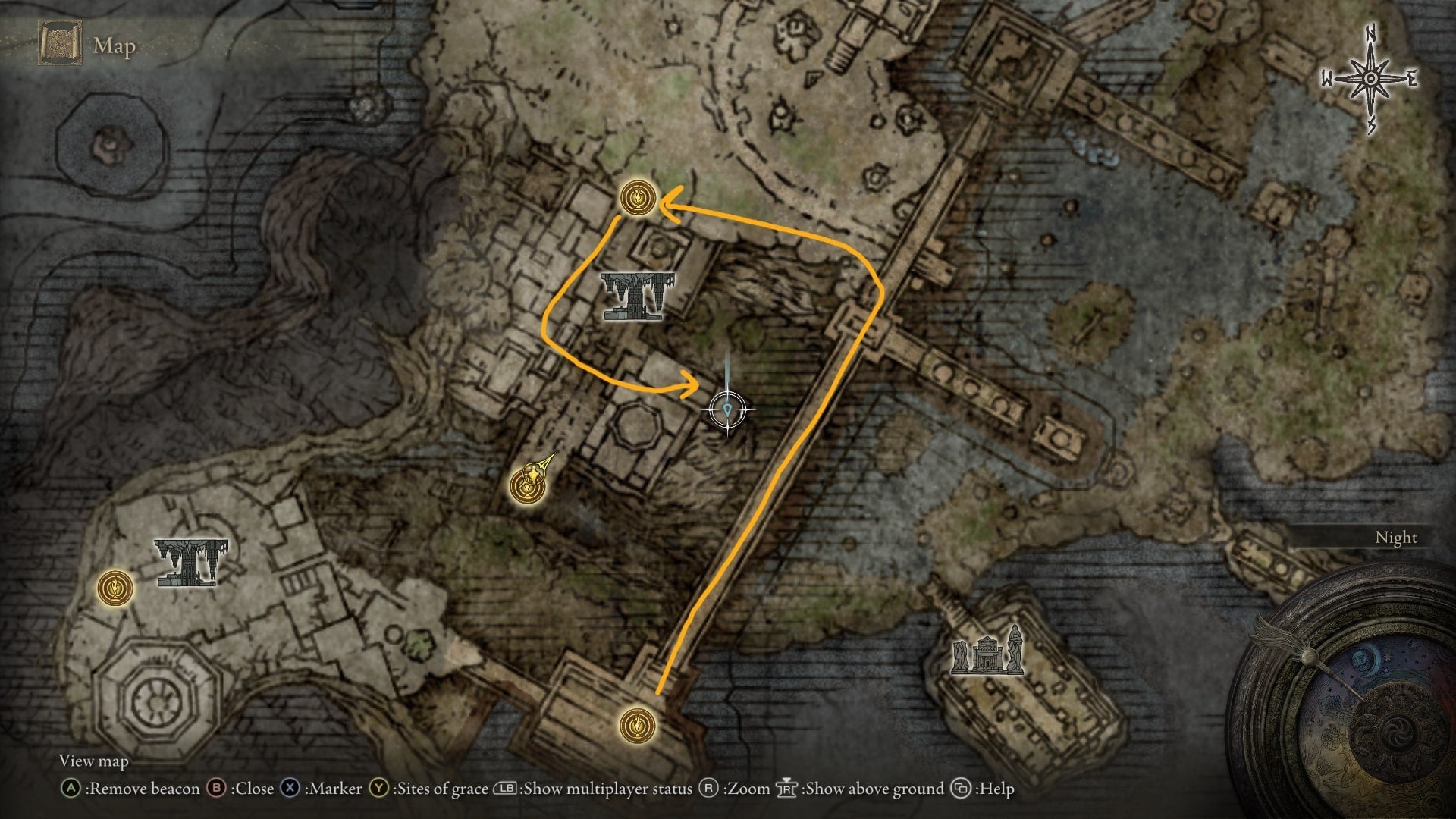 The route from the Mimic Tear boss arena to the Mimic Tear Spirit Ashes is drawn on the Elden Ring map - 3