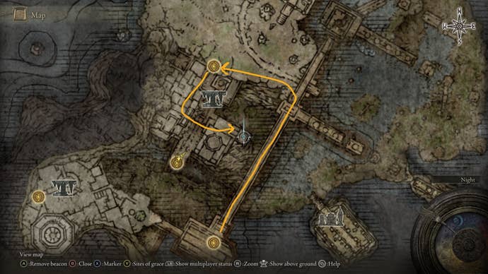 The route from the Mimic Tear boss arena to the Mimic Tear Spirit Ashes is drawn on the Elden Ring map