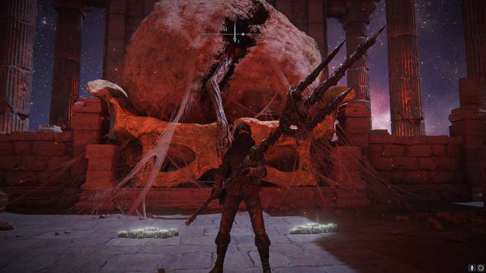 The player stands in front of Miquella’s Cocoon in Mohg’s arena while wielding Mohgwyn’s Sacred Spear in Elden Ring