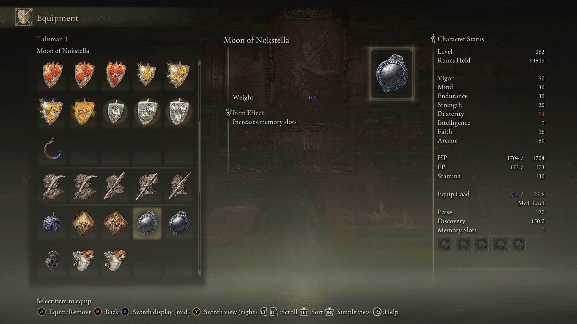 The Moon of Nokstella Talisman is shown in the player inventory in Elden Ring - 5