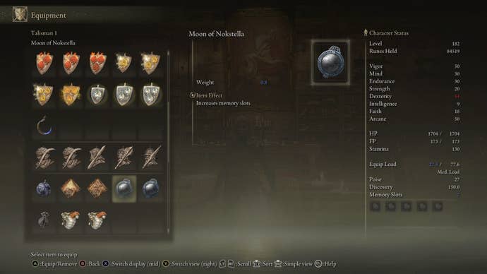 The Moon of Nokstella Talisman is shown in the player inventory in Elden Ring