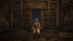 The player stands outside of the Magma Wyrm boss arena in Gael Tunnel while holding the Moonveil katana in Elden Ring