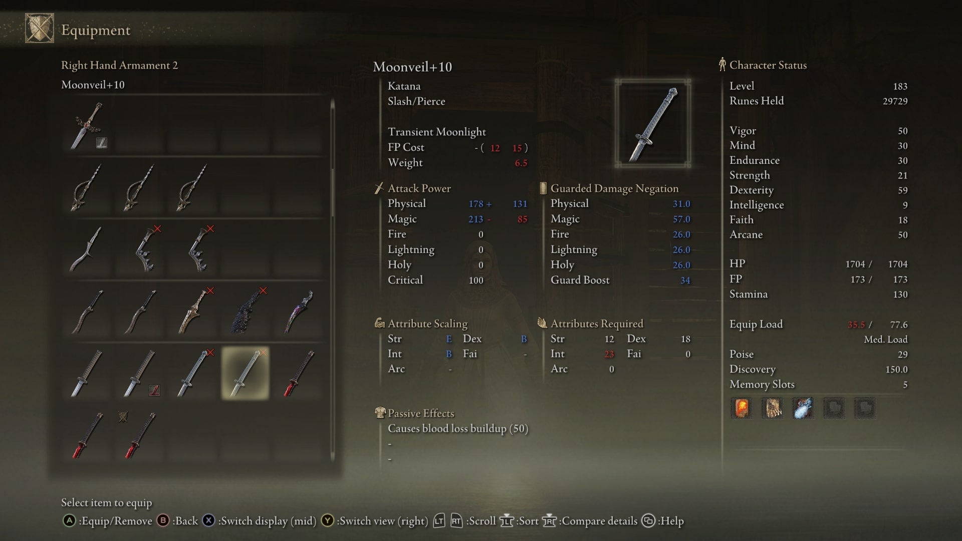 The Moonveil Katana is shown in the player inventory in Elden Ring - 4