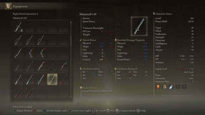 The Moonveil Katana is shown in the player inventory in Elden Ring