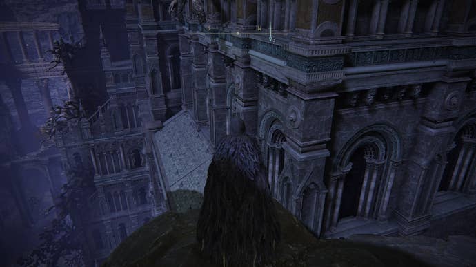 The player faces the rooftops of Night's Sacred Ground in Elden Ring