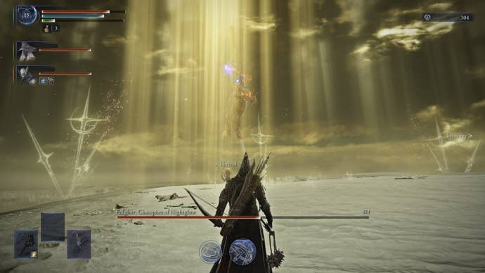 Player, Ironeye, watch Knight Sovran Darkdrift Everdark while gallopon in the sky and shines gold in elden Ring Nightreign