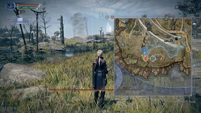 The duchess, fighting with the Guardians of Dew, looks at the red marker of tasks on the LimVeld map in Elden Ring: Nightreign