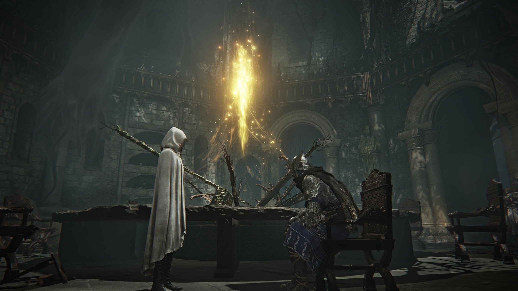 The Priestess NPC and Wylder Nightfarer together in the Roundtable Hold in Elden Ring: Nightreign. - 1