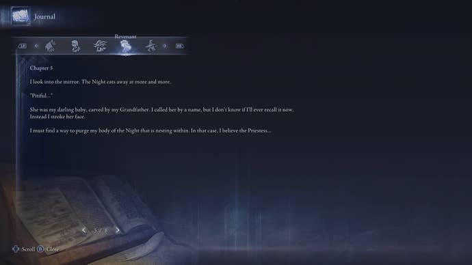 Chapter 5 of the Revenant's Journal entries is shown in Elden Ring Nightreign