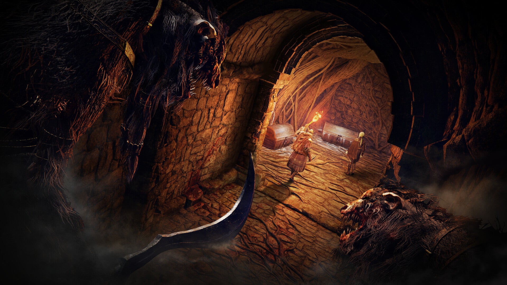 An enemy can be seen looking into a small tunnel containing two Nightfarer's and some unopened chests in Elden Ring Nightreign artwork - 1