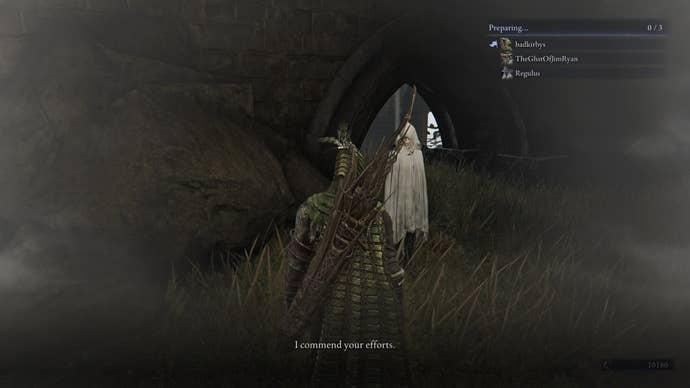 Ironeye speaks to the priestess under the round table in Elden Ring: Nightreign