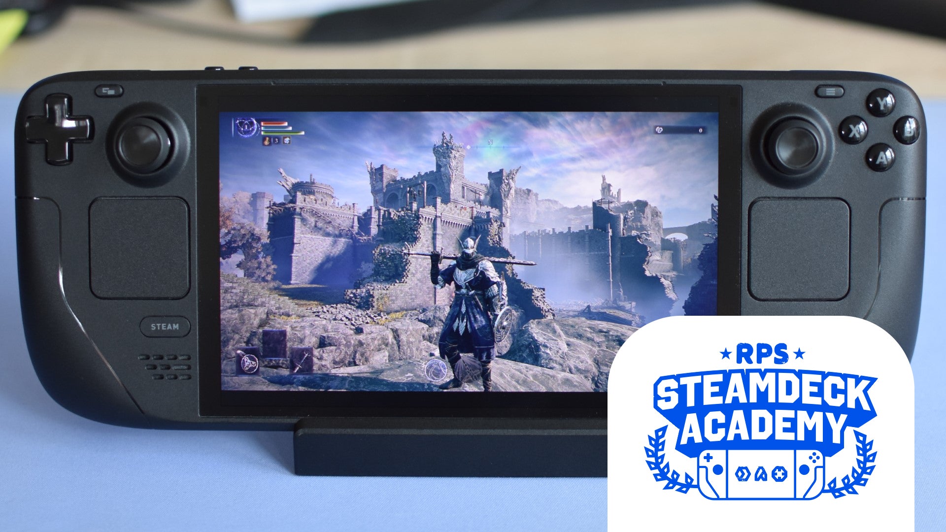 Wylder stands before a castle in Elden Ring Nightreign, running on a Steam Deck OLED. The RPS Steam Deck Academy logo is added in the bottom-right corner. - 1