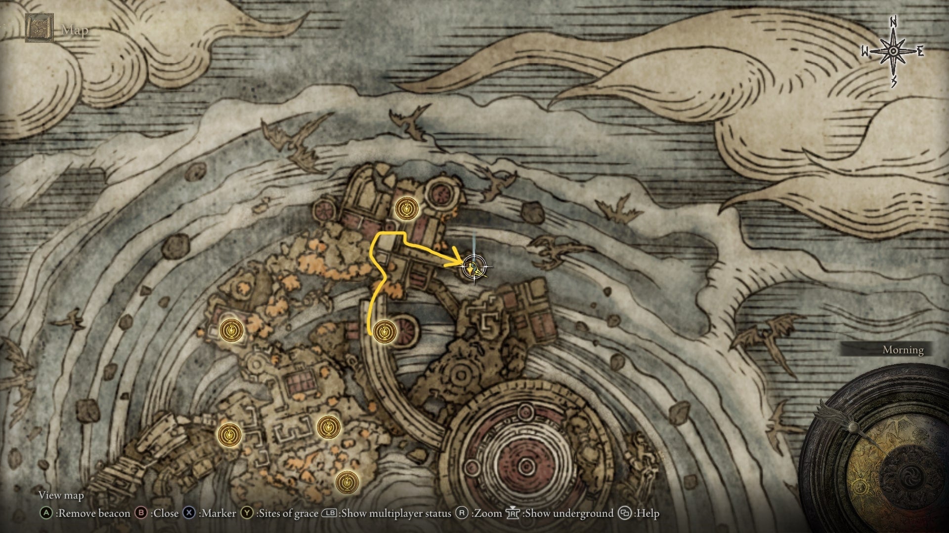 The location of, and route to, the Old Lord&rsquo;s Talisman in Crumbling Farum Azula is marked on the Elden Ring map