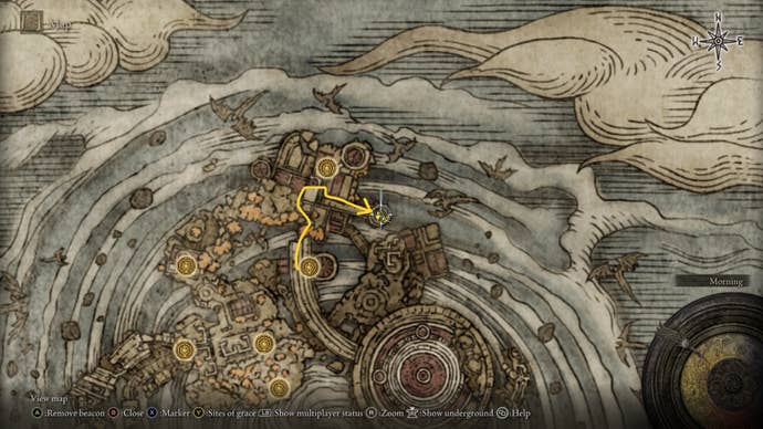The location of, and route to, the Old Lord’s Talisman in Crumbling Farum Azula is marked on the Elden Ring map