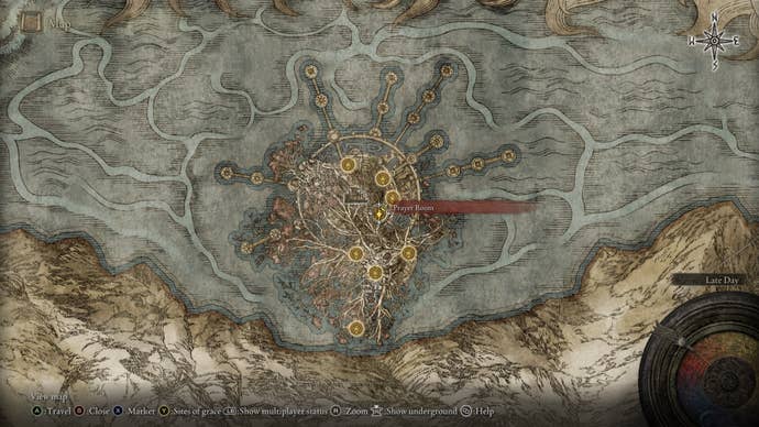 The location of the Prayer Room Site of Grace is marked on the Elden Ring map