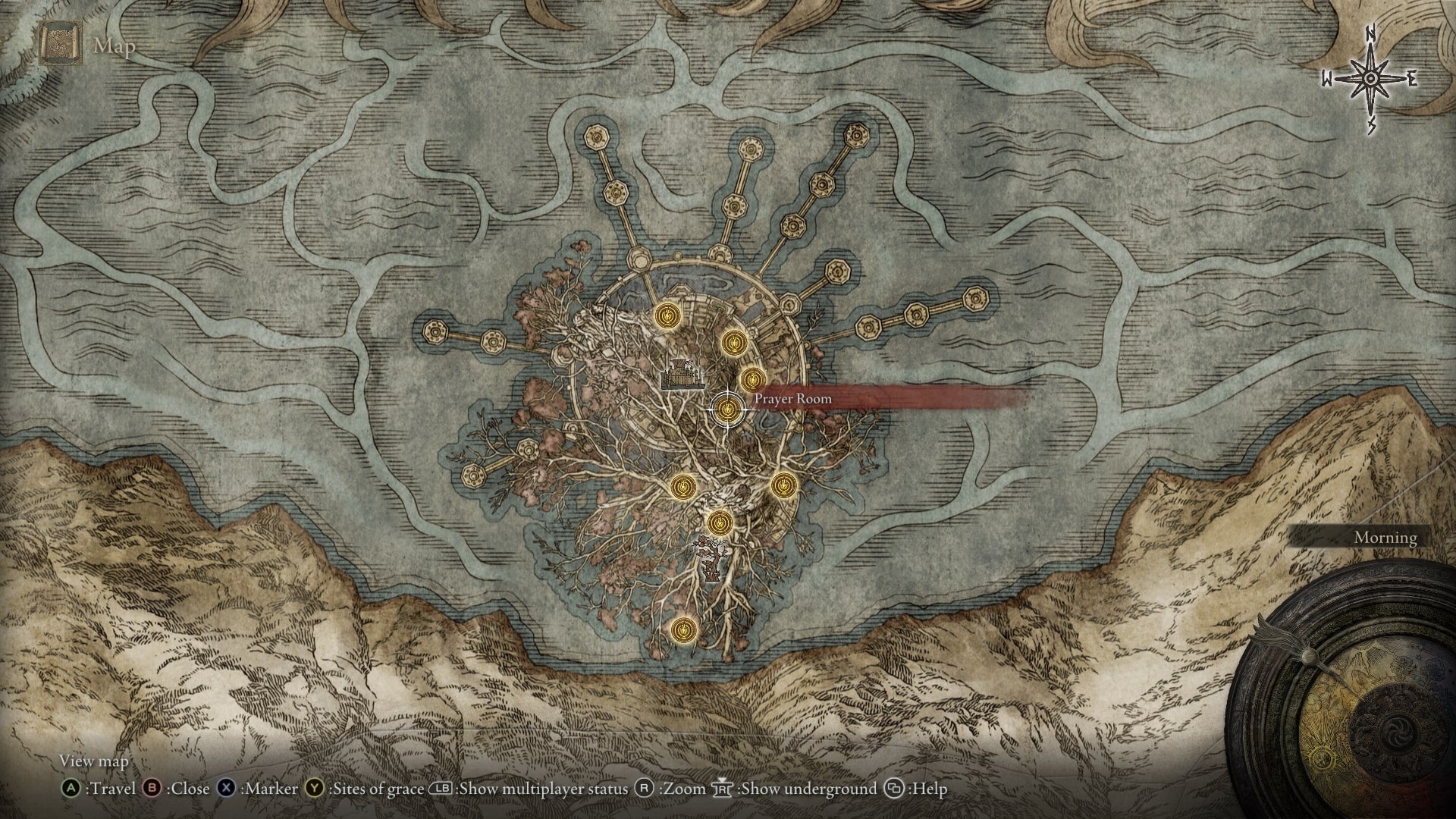 The location of the Prayer Room Site of Grace in Miquella's Haligtree is shown on the Elden Ring map - 3