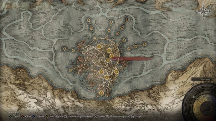 The location of the Prayer Room Site of Grace in Miquella's Haligtree is shown on the Elden Ring map