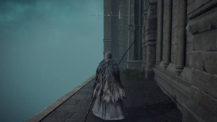 The player looks at a ladder outside of the Raya Lucaria Academy in Elden Ring