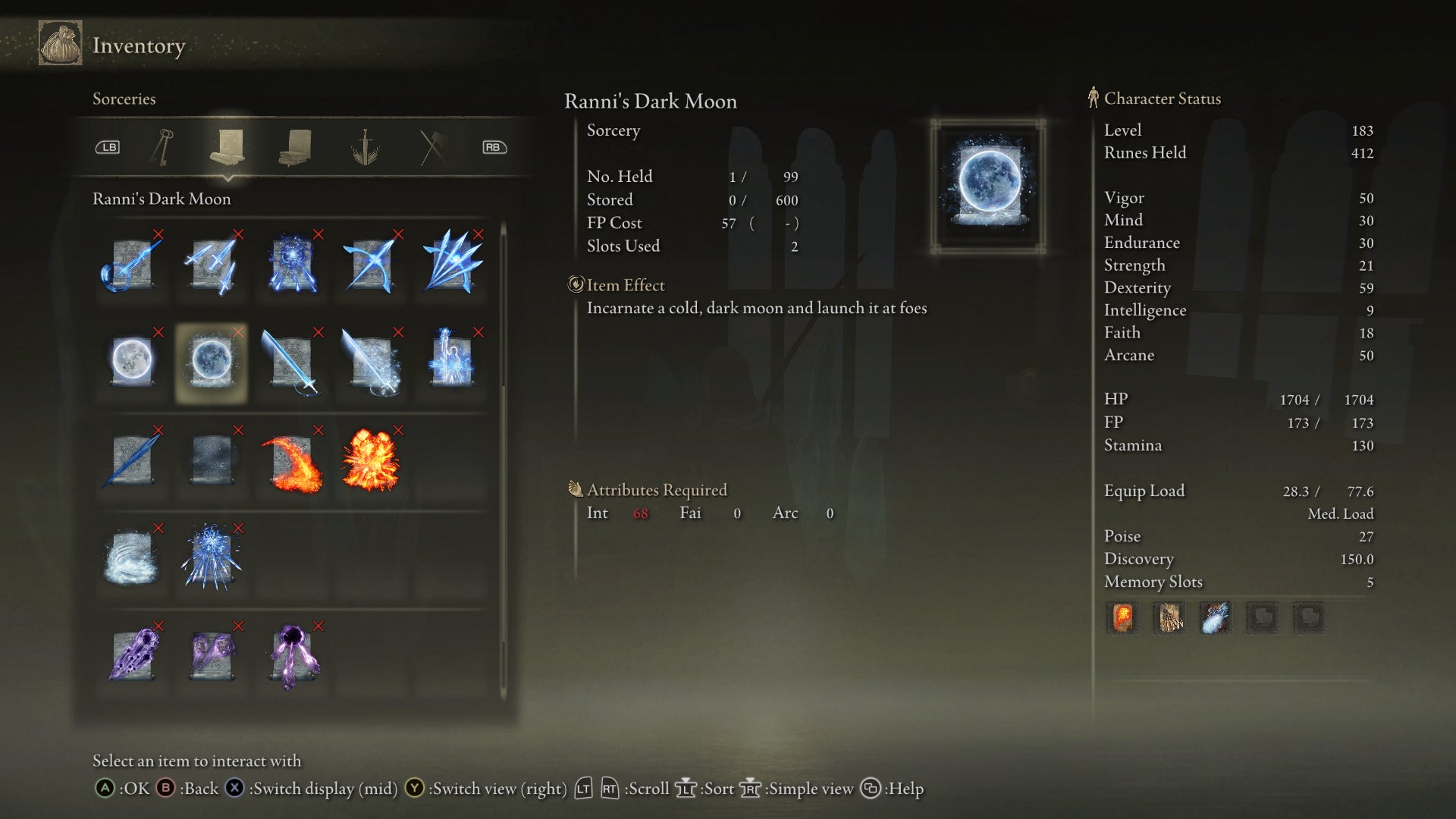Ranni's Dark Moon, a Legendary Sorcery, is shown in the Elden Ring inventory - 8