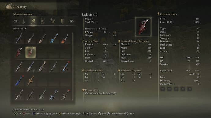A +10 Reduvia dagger is shown in the player inventory in Elden Ring