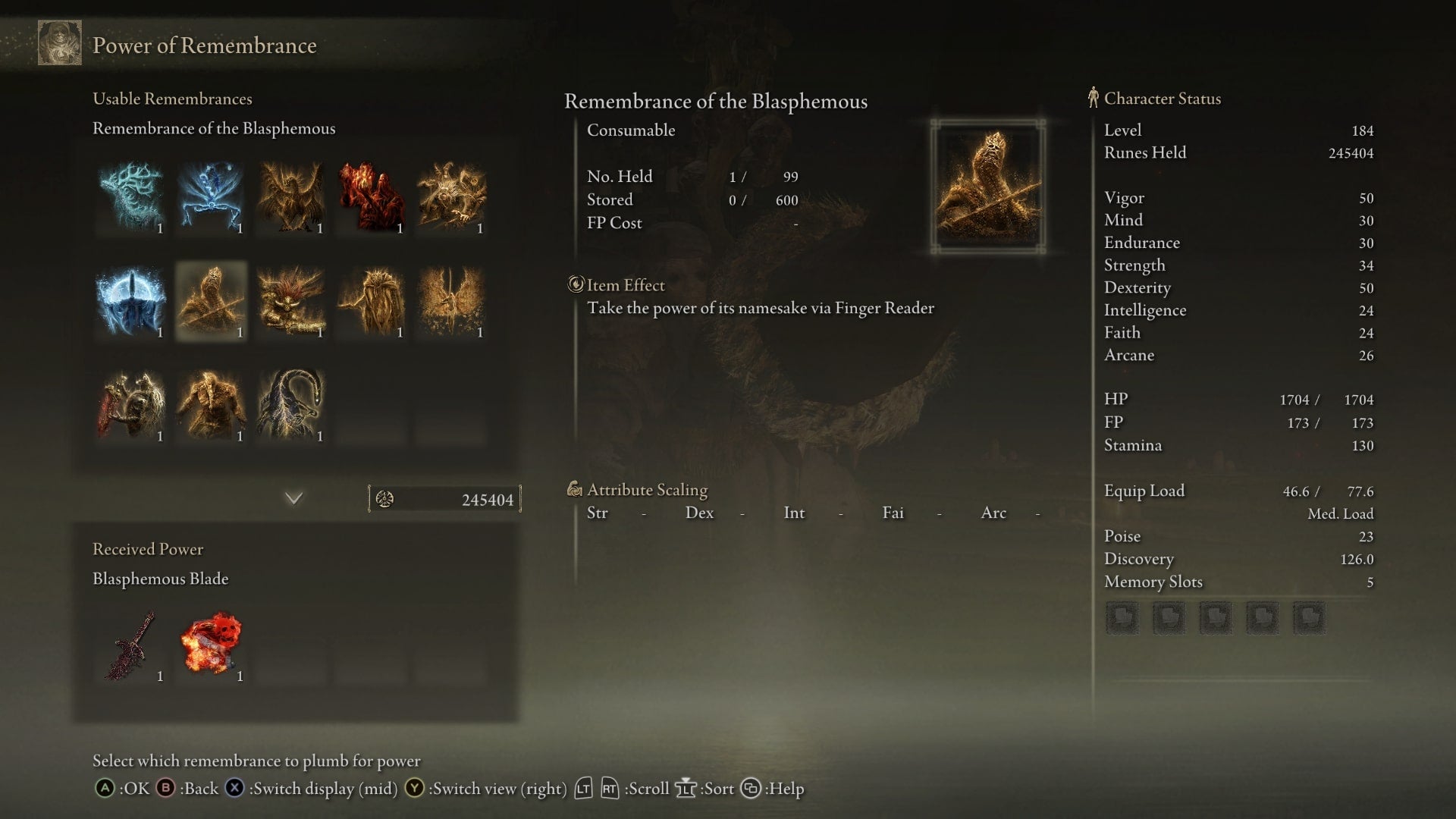 The player looks at trading the Remembrance of the Blasphemous with Enia at Roundtable Hold in Elden Ring - 5