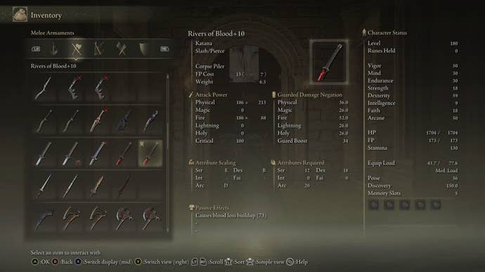 The statistics for a +10 Rivers of Blood are shown in the inventory in Elden Ring