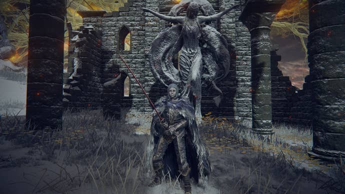 The player stands inside the Church or Repose wielding the Rivers of Blood Katana in Elden Ring