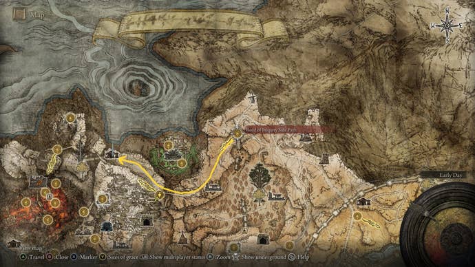 The route to the Golden Vow spell from the Road of Iniquity Site of Grace is drawn on the Elden Ring map