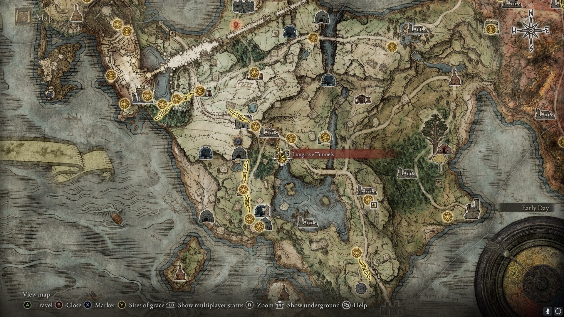 The location of Limgrave Tunnels is marked on the Elden Ring map - 3