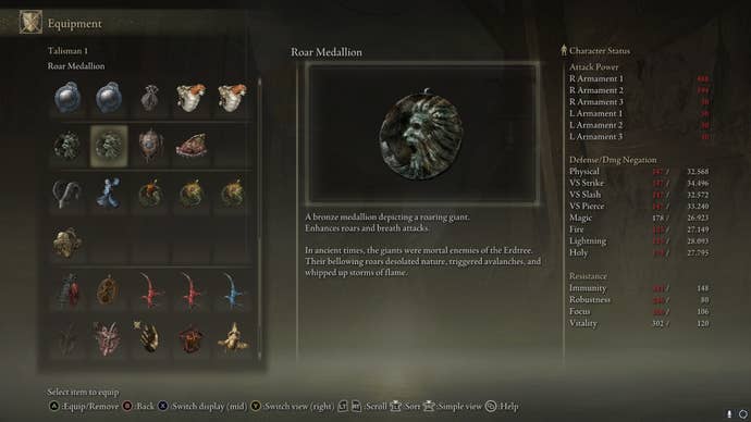 The Roar Medallion's item description is shown in the player inventory in Elden Ring