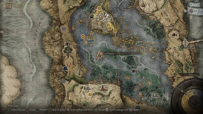 The location of the Rose Church in Liurnia of the Lakes is marked on the Elden Ring map