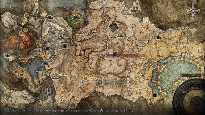 The location of Sainted Hero’s Grave is marked on the Elden Ring map