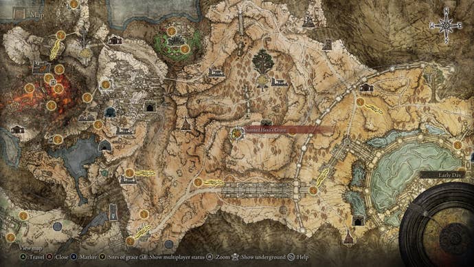 The location of Sainted Hero's Grave is marked on the Elden Ring map