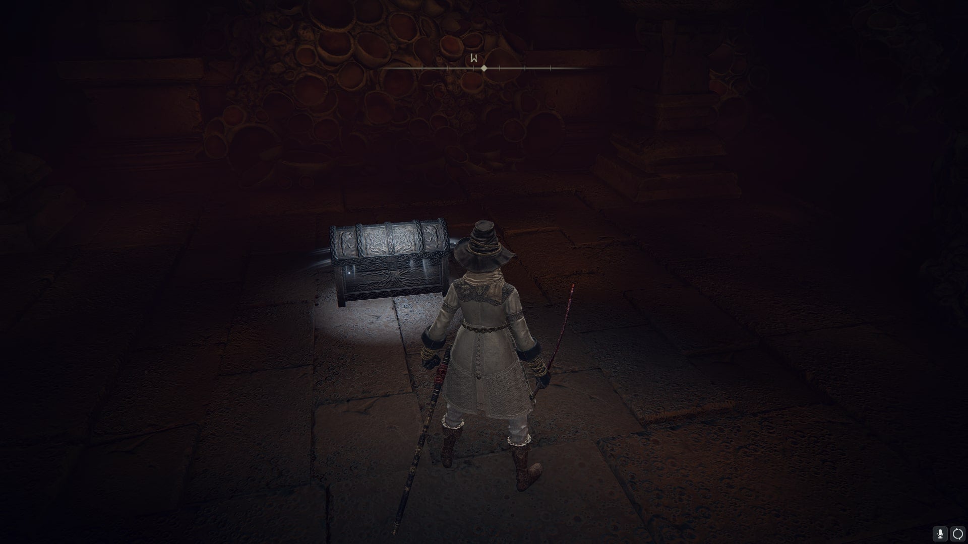 The player faces the chest containing the Scorpion&rsquo;s Stinger in the Lake of Rot in Elden Ring