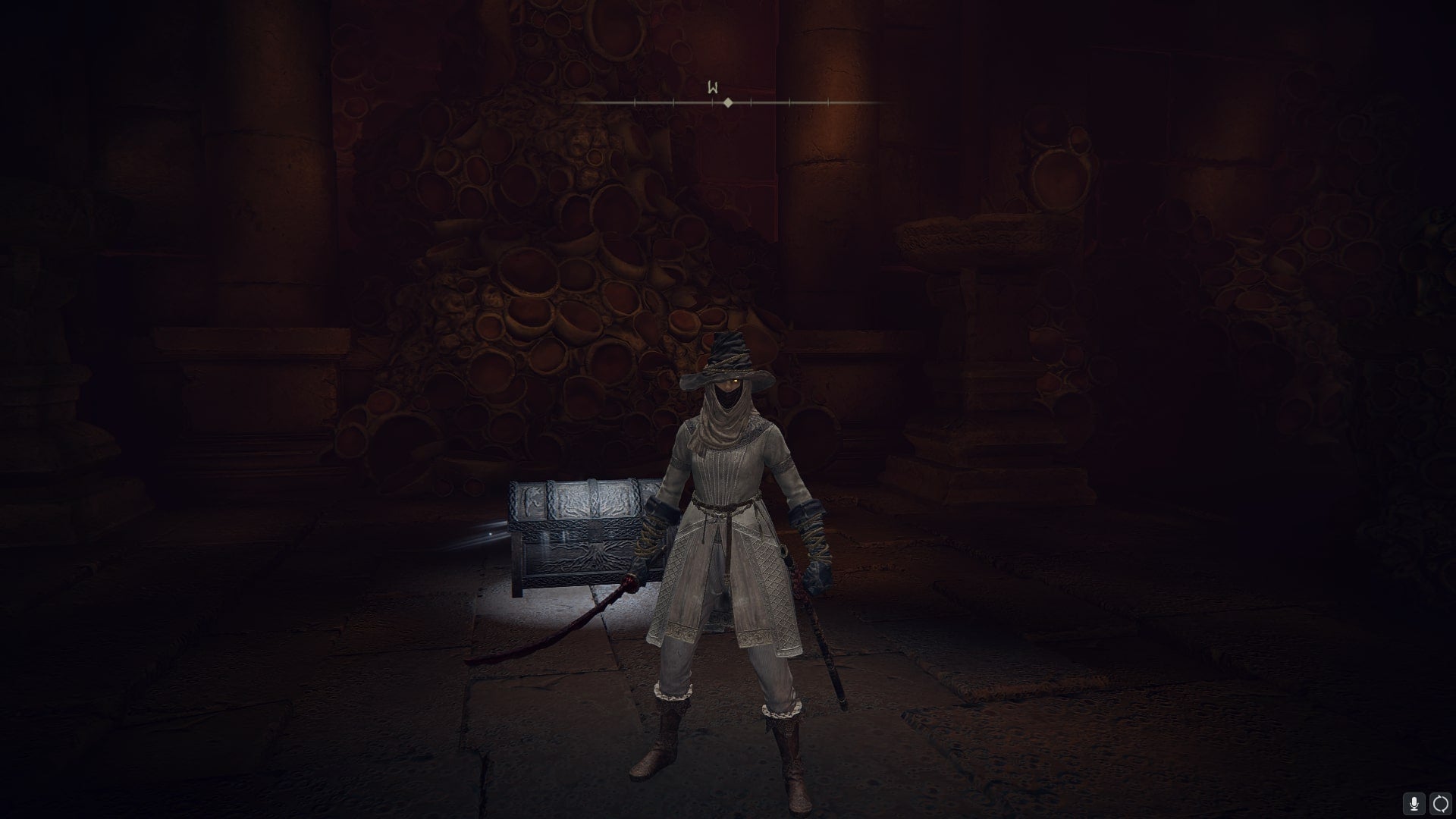 The player stands in front of the chest containing the Scorpion&rsquo;s Stinger in the Lake of Rot in Elden Ring