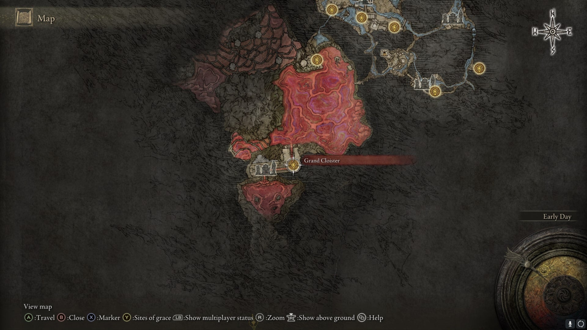 The location of the Grand Cloister Site of Grace, which is near the Scorpion's Stinger in the Lake of Rot, is marked on the Elden Ring map - 3