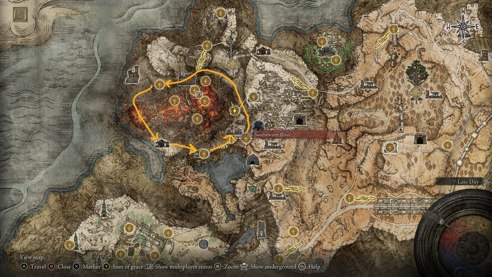 The route from Seethewater River to Primeval Sorcerer Azur is drawn on the Elden Ring map - 4