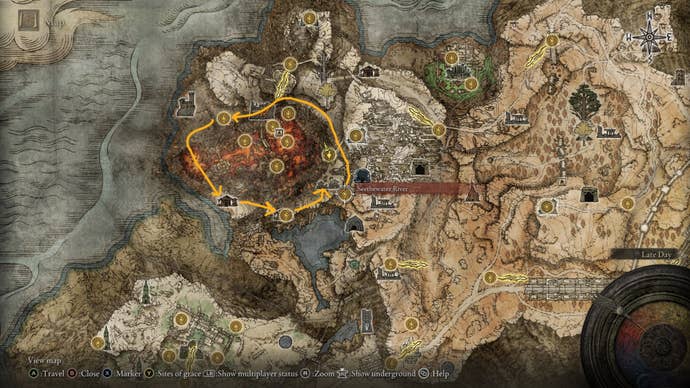 The route from Seethewater River to Primeval Sorcerer Azur is drawn on the Elden Ring map