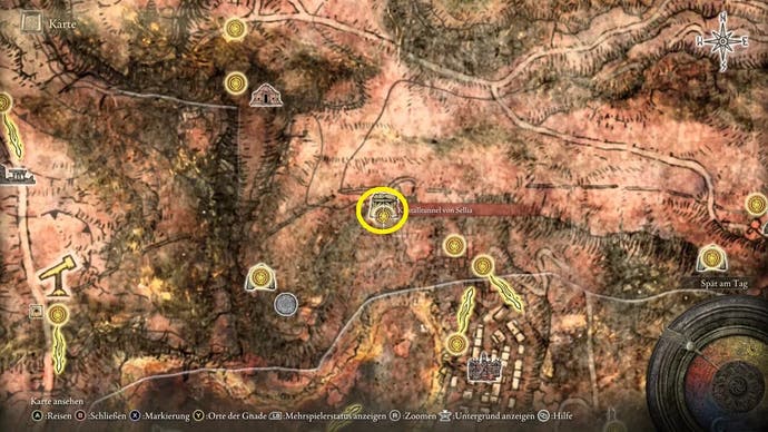 Yellow circle showing the location of Sellia Crystal Tunnel in Elden Ring.