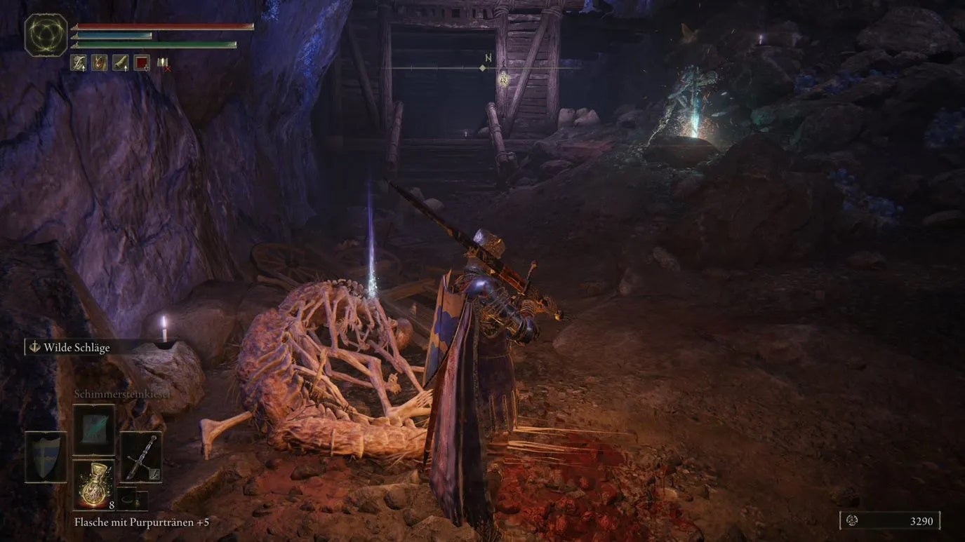 An armoured main character with a large shield on their back standing in the Sellia Crystal Tunnel in Elden Ring.