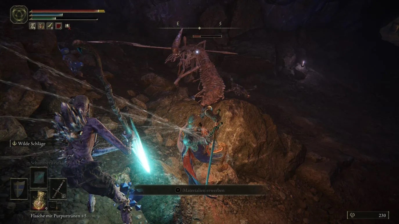 An armoured main character with a large shield on their back standing in the Sellia Crystal Tunnel in Elden Ring.