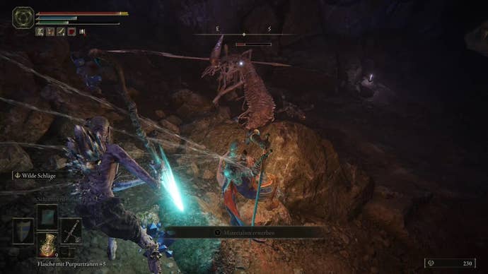 An armoured main character with a large shield on their back standing in the Sellia Crystal Tunnel in Elden Ring.