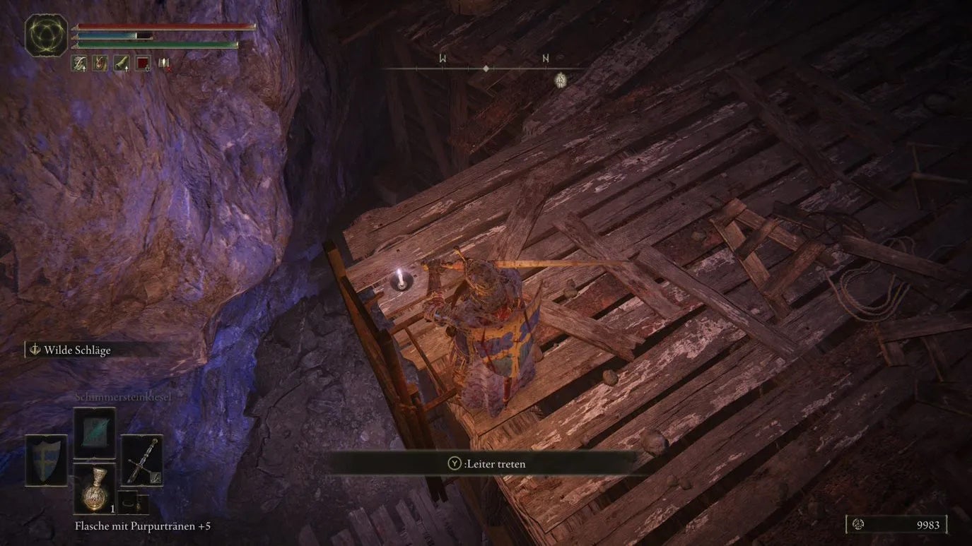 An armoured main character with a large shield on their back looking at an item on the ground in the Sellia Crystal Tunnel in Elden Ring.